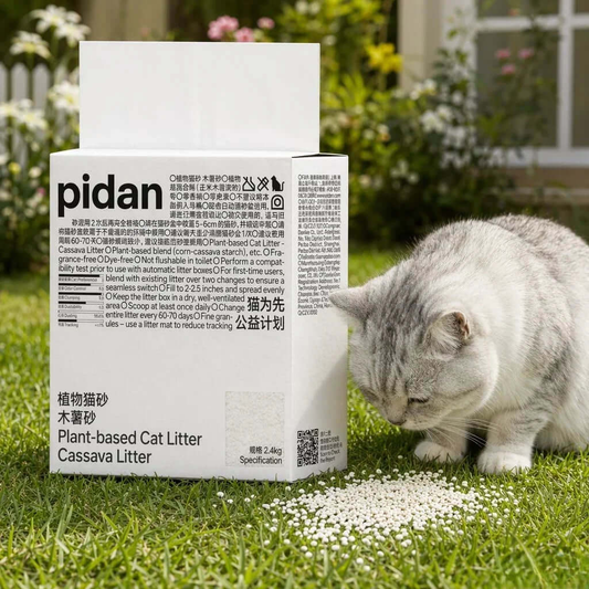 Grey cat sniffing plant-based cassava cat litter on grass, eco-friendly pet supply