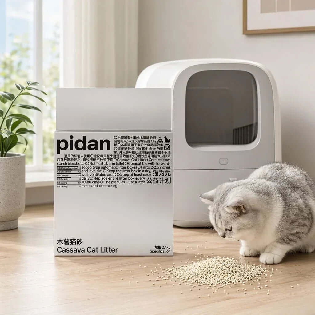 Pidan cassava cat litter box beside gray cat and automatic litter box in bright room