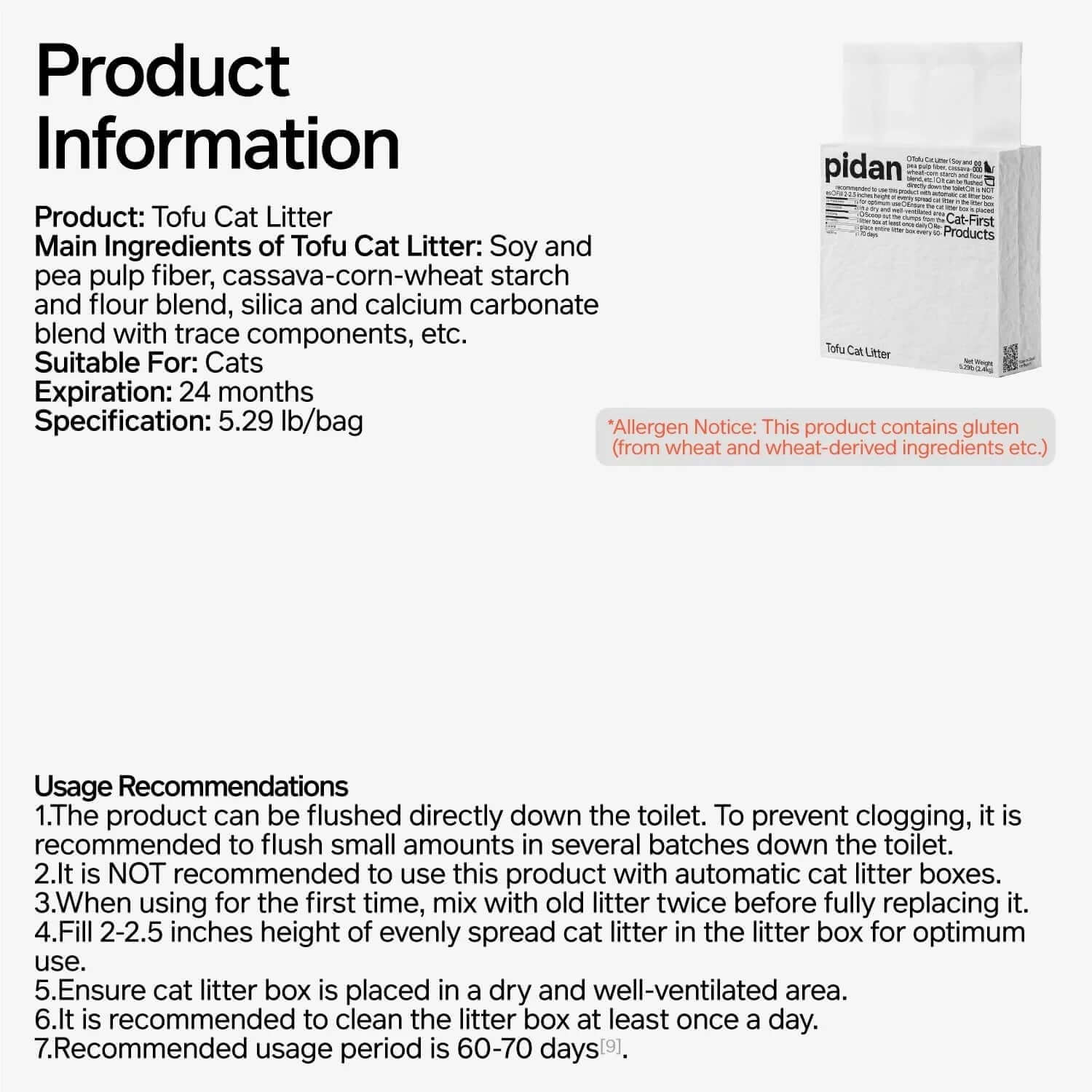 Pidan Tofu Cat Litter bag with product info, ingredients, and usage tips for cats, gluten-free formula