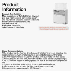 Pidan Tofu Cat Litter bag with product info, ingredients, and usage tips for cats, gluten-free formula