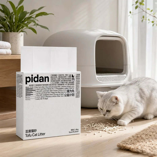Pidan tofu cat litter box with gray cat exploring pellets near modern litter box in bright room