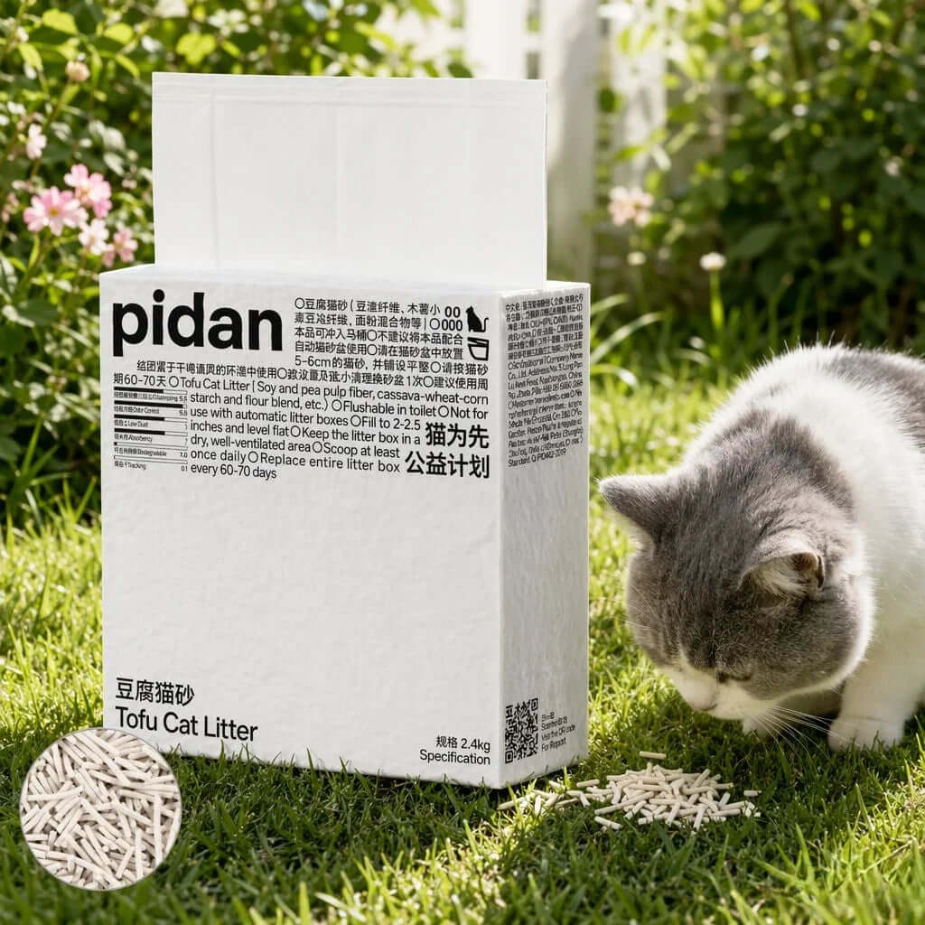 Pidan tofu cat litter box with gray cat sniffing pellets on grass, eco-friendly pet supply