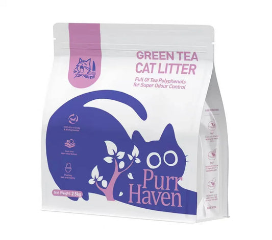 Purr Haven Green Tea Plant & Tofu Cat Litter 2.5kg/6l packaging with eco-friendly design and odor control features.
