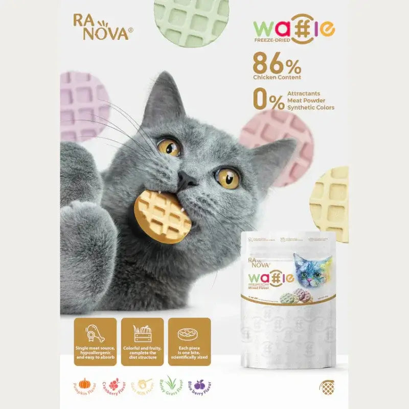 RANOVA Freeze Dried Meat Waffle For Cat 60g cat enjoying waffle treat with playful shapes and healthy nutrition
