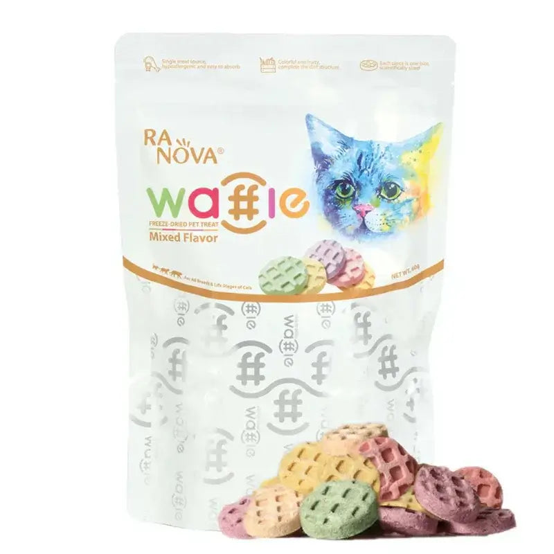 RANOVA Freeze Dried Meat Waffle For Cat 60g Mixed Flavor treats inside a clear bag with a playful cat illustration.