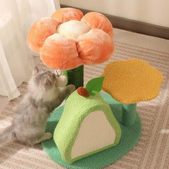 Rileycat Multi-Functional Cat Tree Avocado and Flower Style with a playful cat interacting with flower and avocado design.