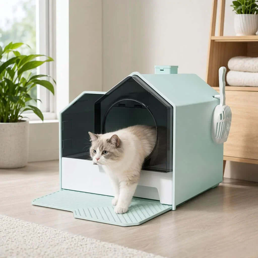 Cat using modern enclosed litter box with scoop holder, stylish pet supply for home