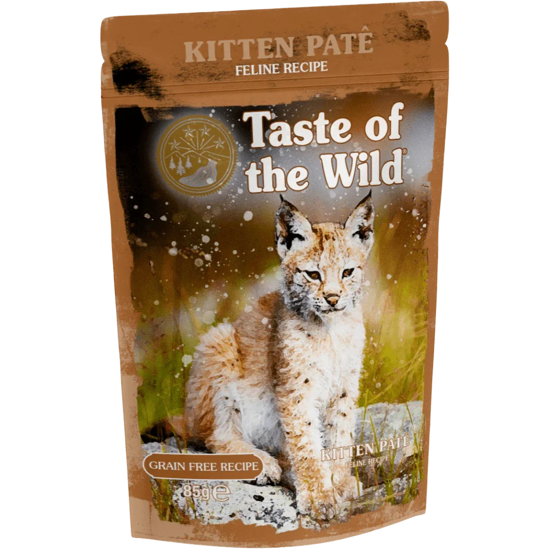 Taste of the Wild Grain-Free Kitten Recipe - Chicken Pate 85g x 12 Pack packaging featuring a lynx.
