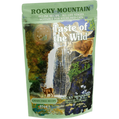Taste of the Wild Grain-Free Rocky Mountain Feline Recipe - Chunks in Gravy 85g x 12 Pack - Cat food pouch with waterfall background.