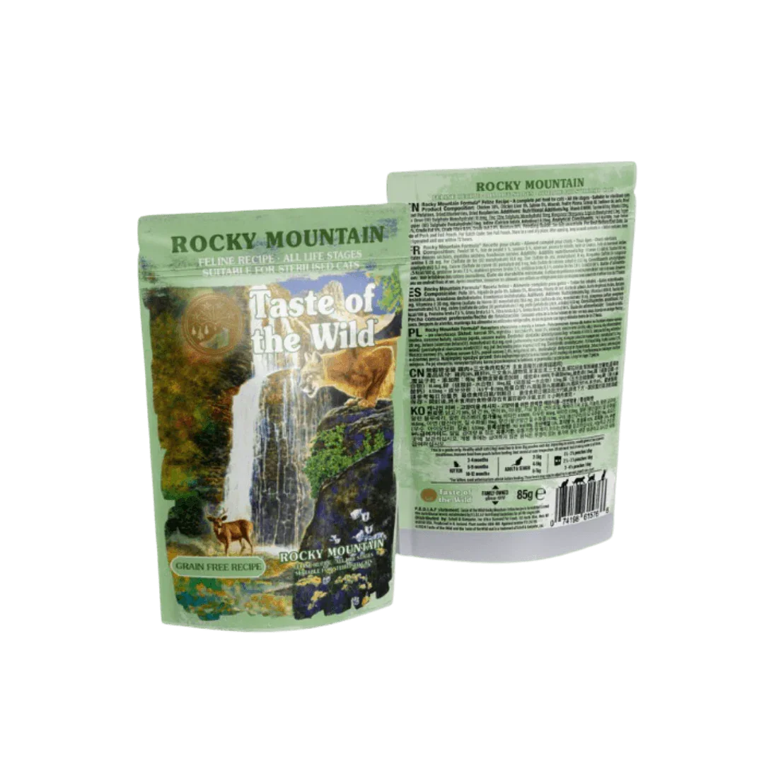 Taste of the Wild Grain-Free Rocky Mountain Feline Recipe - Chunks in Gravy 85g x 12 Pack packaging, showcasing the product.