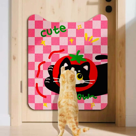 Tomato Cat Self-Adhesive Cat Scratcher Removeable Wall Protector on door with a playful cat.