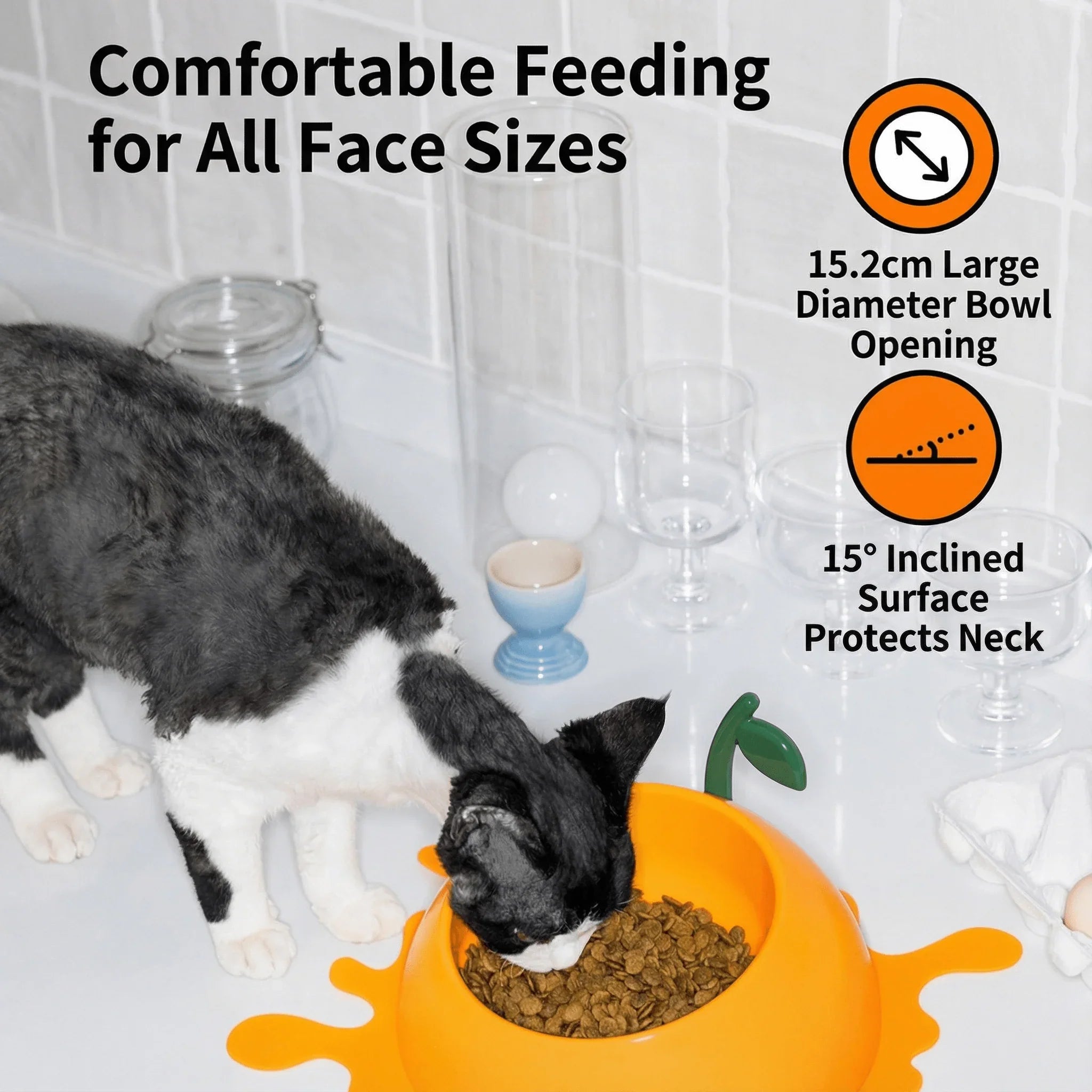 Vetreska Juicy Orange Pet Bowl & Spoon & Mat Set with comfortable feeding design and large bowl opening for pets.