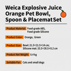 Vetreska Juicy Orange Pet Bowl & Spoon & Mat Set featuring food-grade materials and a stylish design for pets.