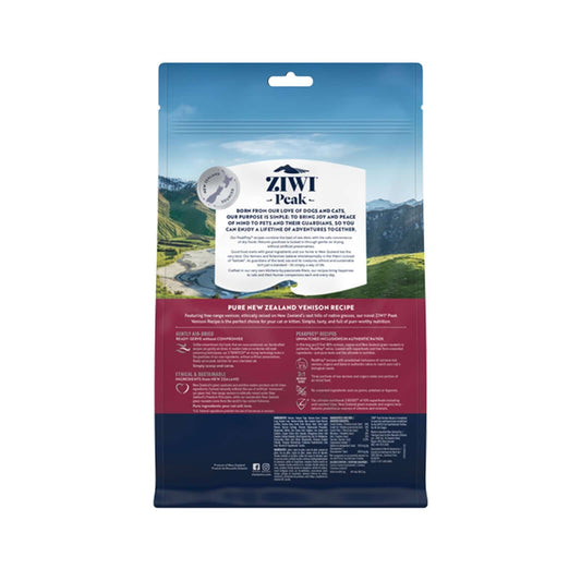 ZIWI Peak Air-Dried Venison Cat Food 400g packaging with scenic New Zealand background.