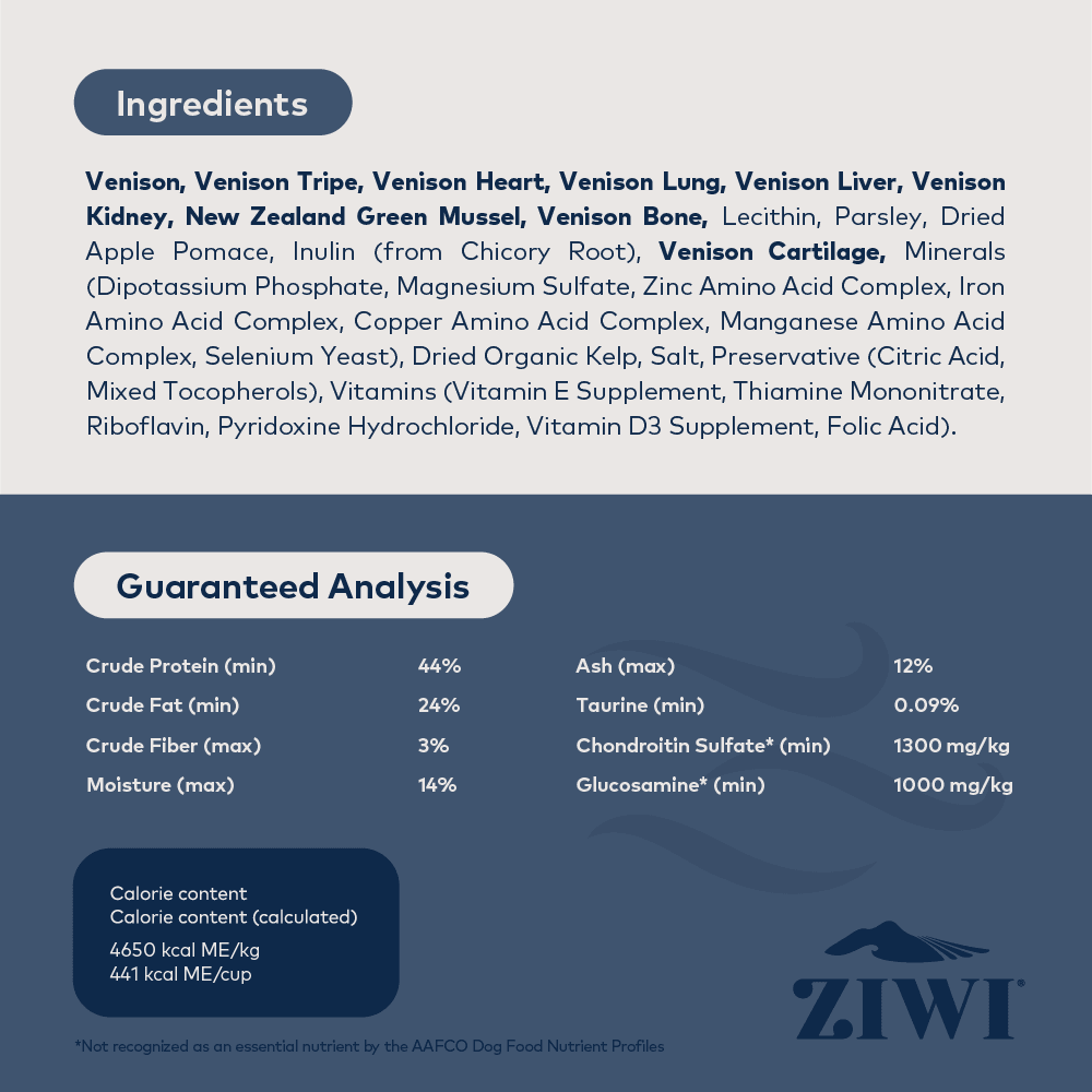 ZIWI Peak Air-Dried Venison Cat Food 400g ingredients and guaranteed analysis