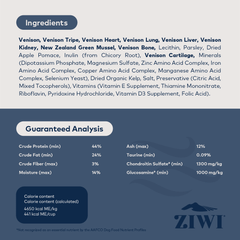 ZIWI Peak Air-Dried Venison Cat Food 400g ingredients and guaranteed analysis